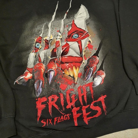 Six Flags Fright Frest Mens M Medium Insane Killer Clown Black Sweatshirt Hoodie - Picture 3 of 16